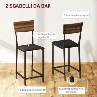 Set Bancone Bar Pieghevole e 2 Sgabelli Alti con Schienale, Portavini e Portacalici, Marrone