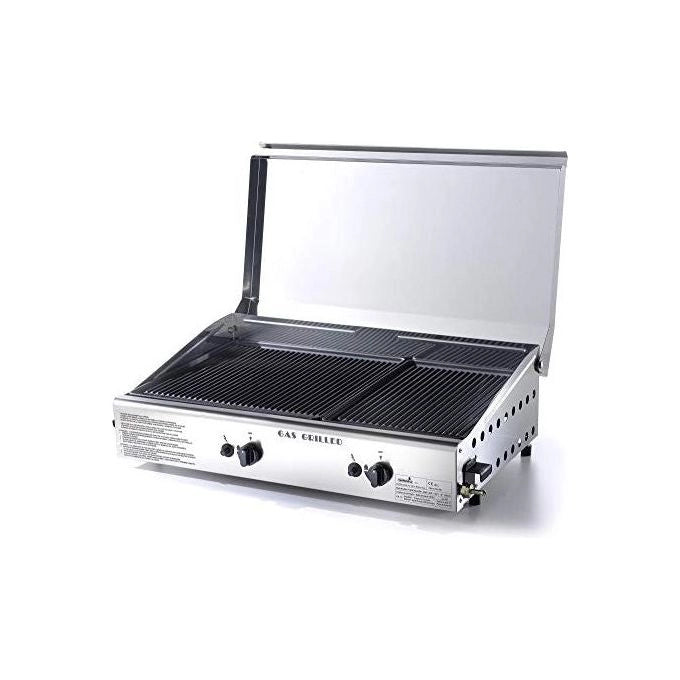 Ompagrill 31332 Plancha Double Piastra di Cottura Doppia a Gas in Ghisa Vetrificata 40x43 cm e 40x28 cm Acciaio Inox con Coperchio e Kit Metano colore Acciaio Inox