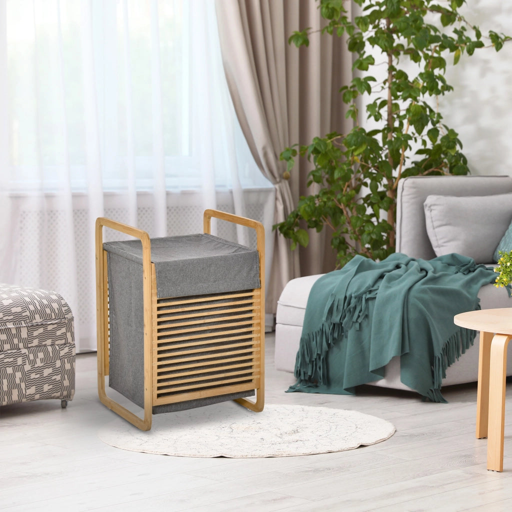 Cesto per bucato in bamb¨´ con tapa e sacchetto estraibile ¨C zephmum ¨C naturale e grigio 40x35.5x60.5 cm
