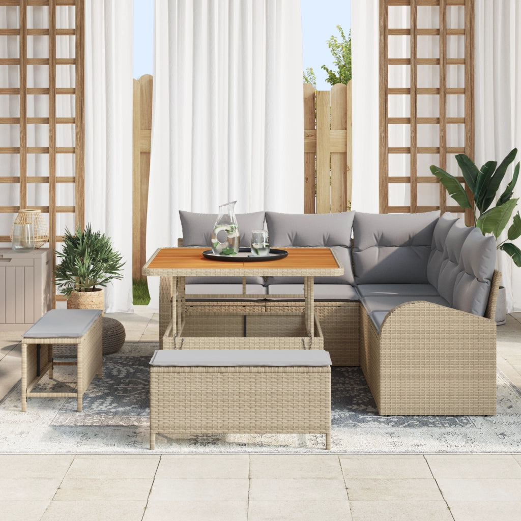 Set di divani da giardino 8 pezzi  con cuscini in polyrattan beige e acacia