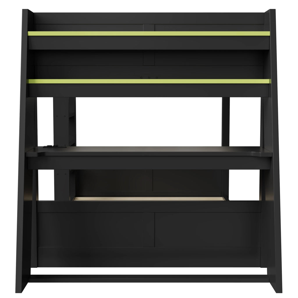 Letto a castello gaming 140x200 cm - Zephmum - Legno, scrivania, USB, LED, nero+verde