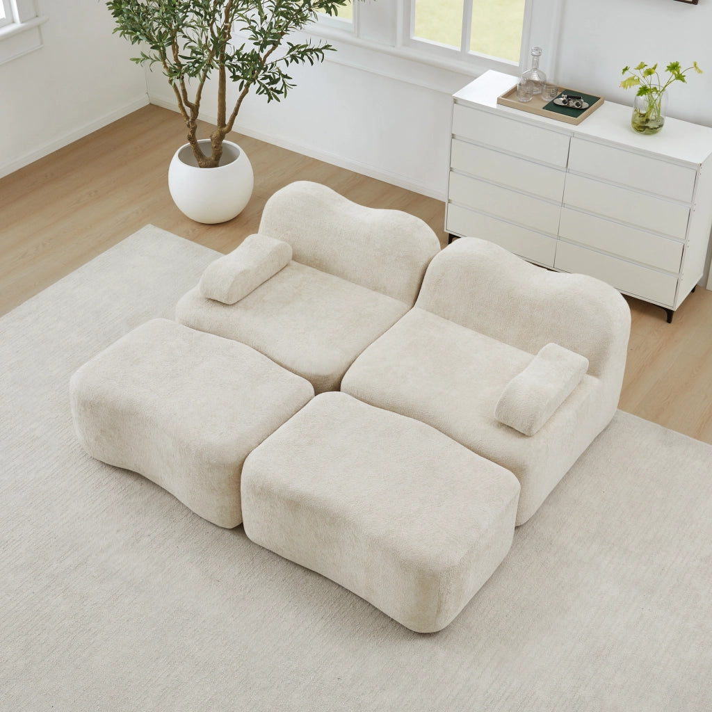 Divano modulare senza struttura con 2 pouf e seduta profonda in velluto beige antiscivolo per soggiorno