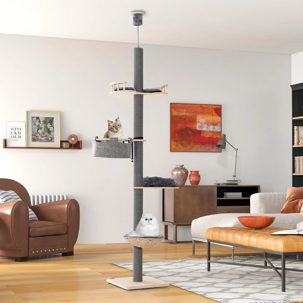 Tiragraffi alto a soffitto, altezza 236 – 271 cm, con 4 livelli, pedana per lettino, tronco spesso 10 cm, tenditore a soffitto regolabile in altezza, albero da arrampicata per gatti