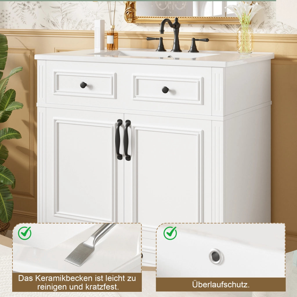 Mobile sottolavabo con lavabo in ceramica, 2 ante e 9 vani, per bagno, in MDF, bianco, 77 × 46 × 86 cm