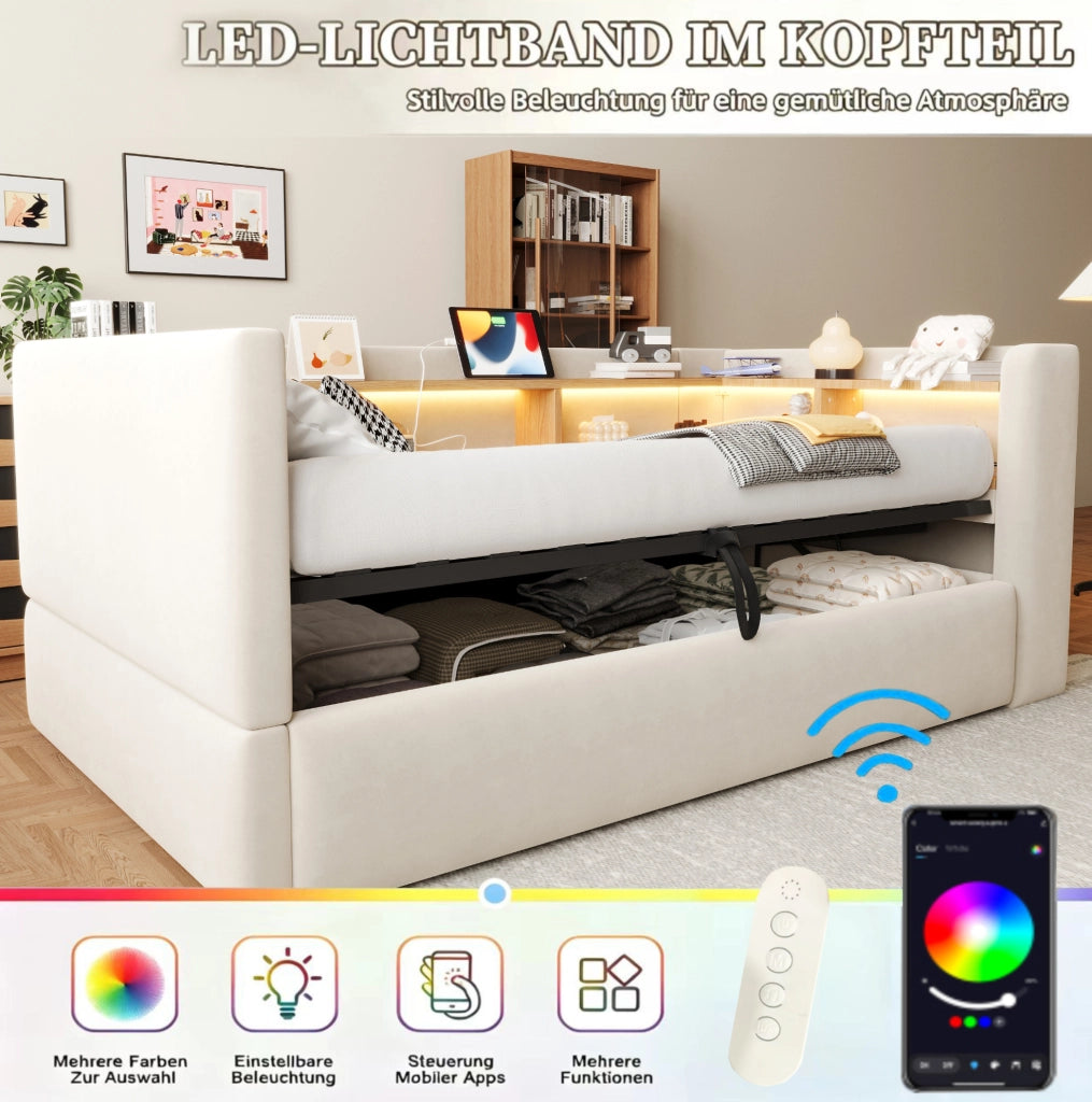 Divano letto con vano contenitore idraulico; LED; prese; 90x190 cm; beige