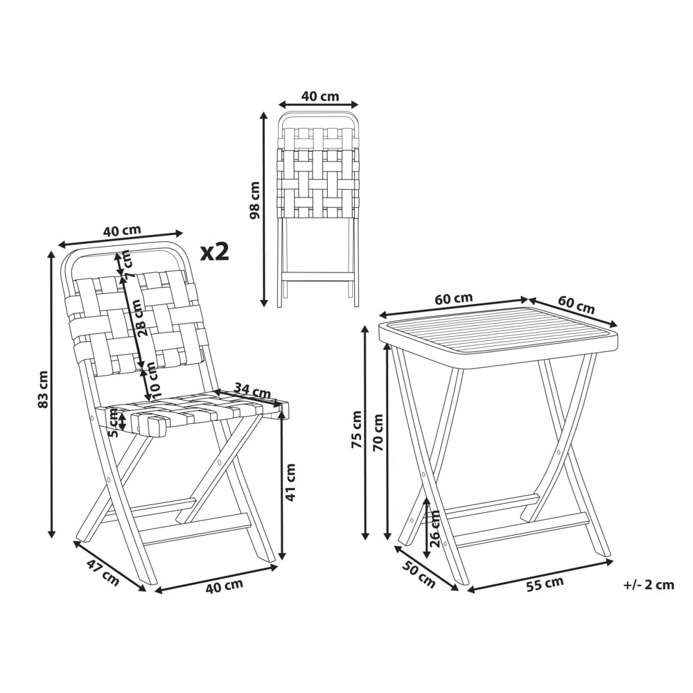 Set da balcone 3 pezzi marrone in legno di acacia massiccio certificato 2 sedie e tavolo da tè pieghevole a doghe