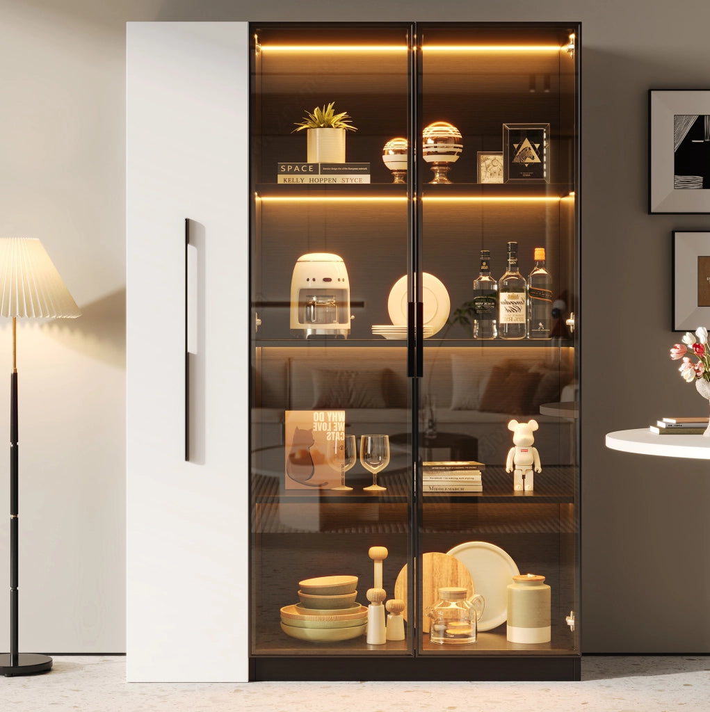 Vetrina multifunzione con LED; vano laterale estraibile; MDF e vetro; nera; 110;5 × 35 × 160 cm