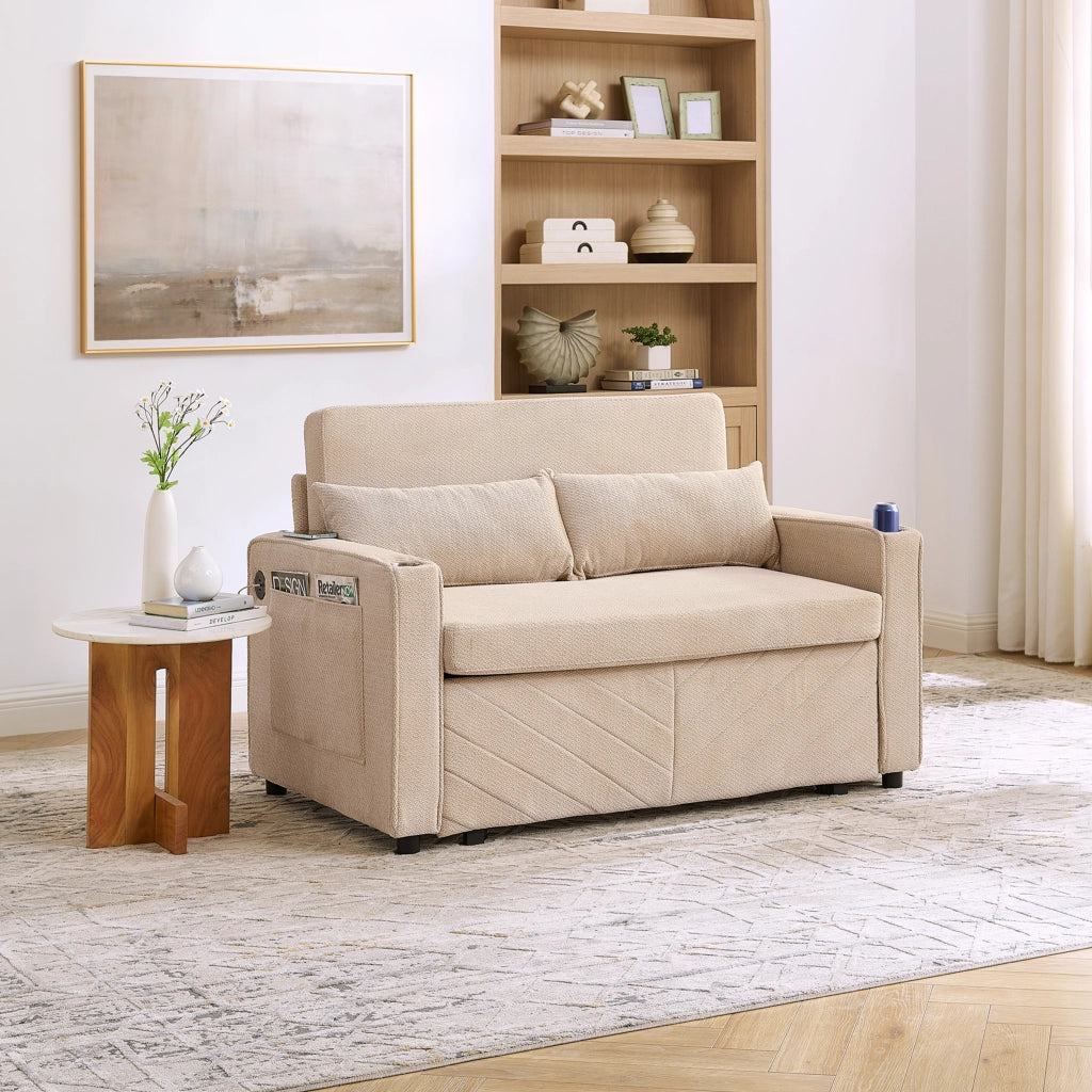 Divano letto 2 posti con trasformazione scorrevole e porte usb in legno e tessuto beige 195 × 134 × 73 cm