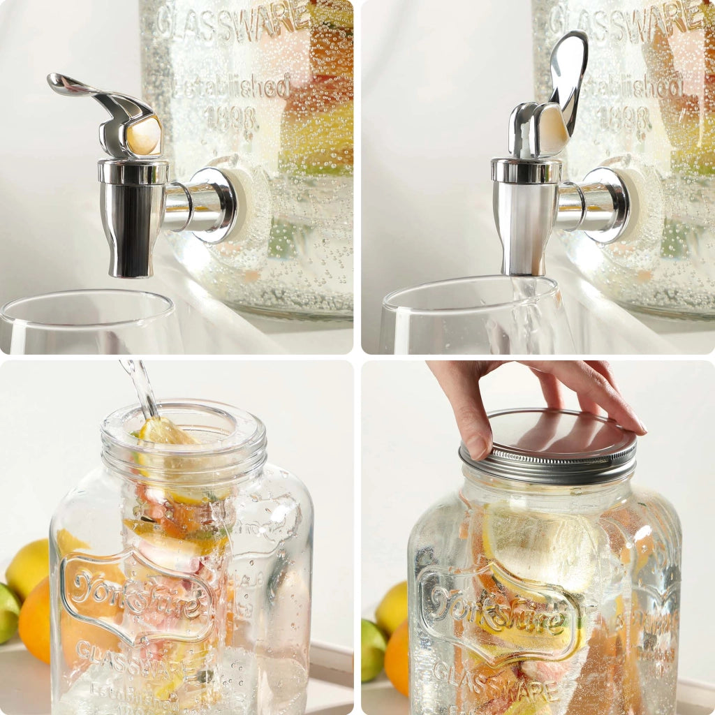 Barattolo KADAX con rubinetto da 4 litri in vetro con inserto per bevande come acqua, limonata e succo di frutta.