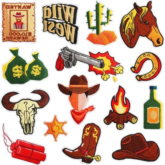 Pannelli cowboy con tema occidentale - 15 pezzi - Adesivi applicabili con cucitura - Decorazioni con tema cowboy - Pannelli per riparazioni di alta qualità in poliestere