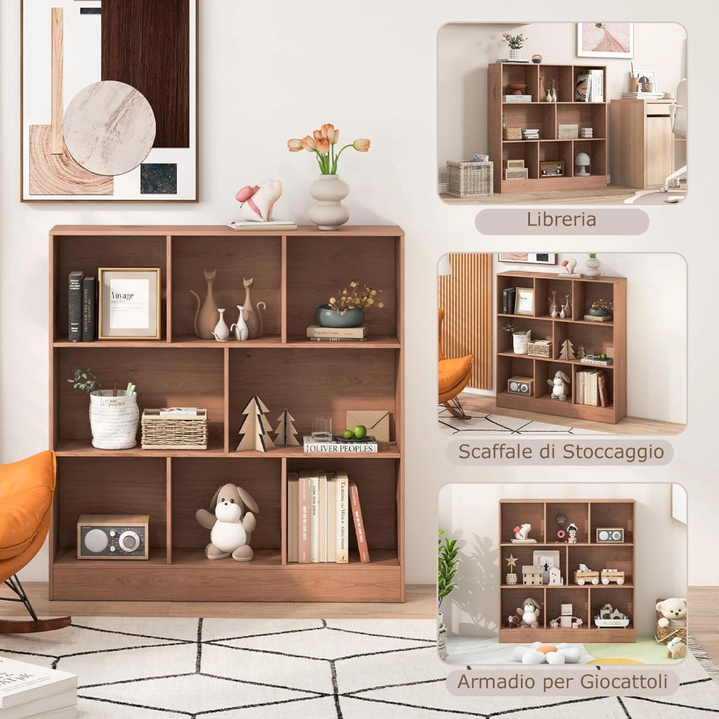 Libreria a 8 Cubi, Organizzatore di Stoccaggio a 3 Ripiani con 2 Kit Anti-Ribaltamento, Scaffale Multiuso in Legno per Soggiorno, Ufficio Stanza Bambini, 100x24x104 cm (Naturale)