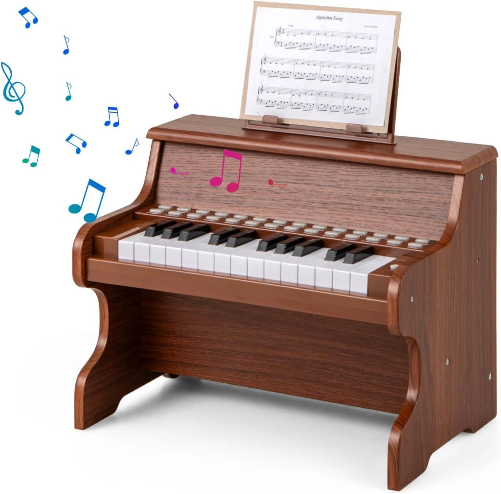 Pianoforte digitale a 25 tasti per bambini, pianoforte in legno con leggio, tasti illuminati, modalità didattica, 6 strumenti, 8 percussioni, tastiera per pianoforte con registrazione e