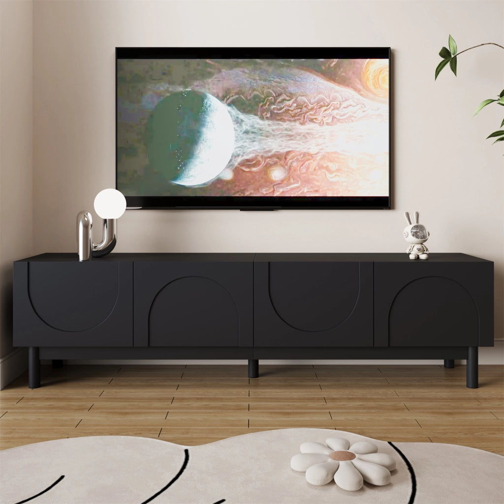 OKWISH Mobile TV con 4 Ante e Ripiani, Frontali Ondulati senza Maniglie, per Soggiorno, MDF e Pannelli di Particelle, Nero, 169 × 34 × 45.5 cm