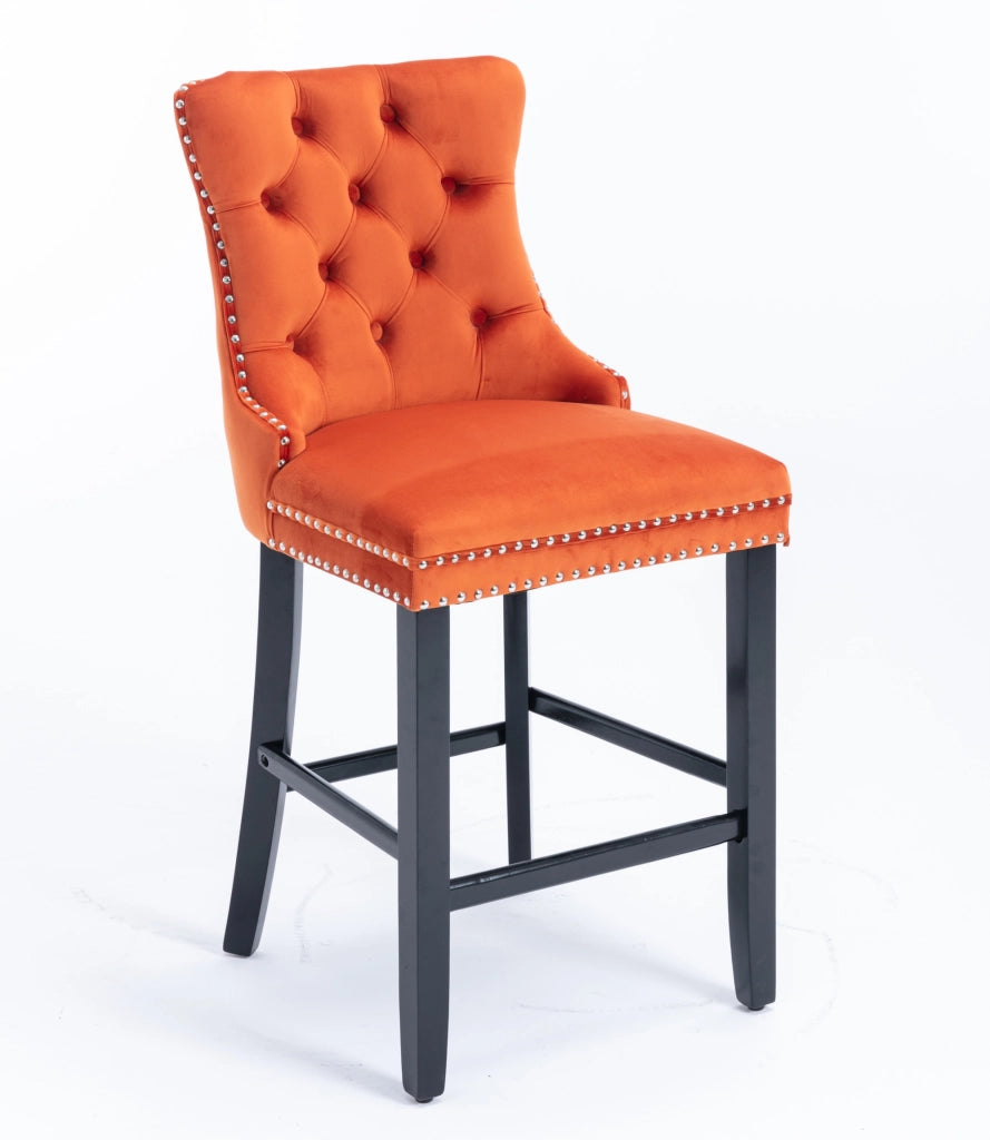 Sgabelli da Bar Velluto Imbottiti con Bottoni e Gambe in Legno ¨C MINIMAL ¨C Set di 2, Arancione