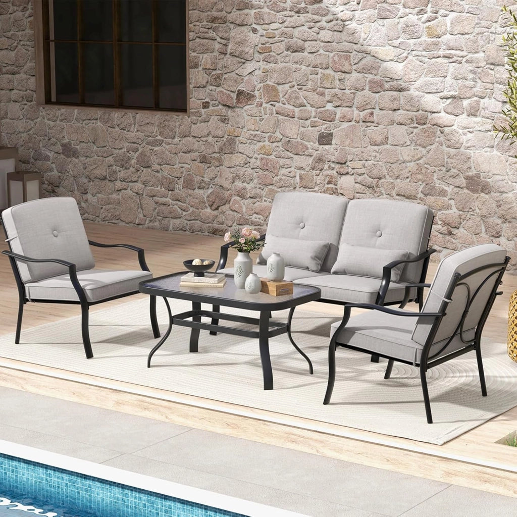 Set di 4 mobili da giardino con tavolino da salotto e panca da giardino e 2 sedie da pranzo, set da 4 persone, set da giardino con cuscino, mobili da giardino