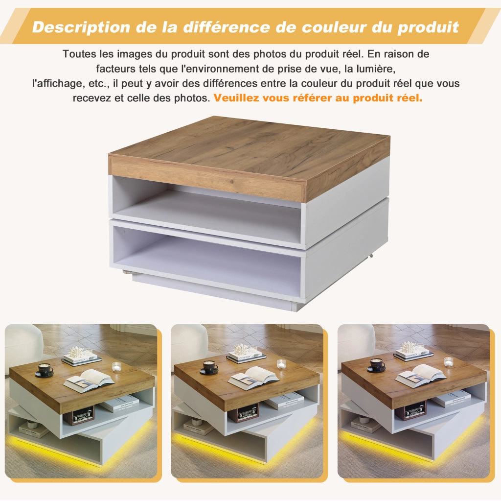 Tavolino da caffè quadrato girevole 360° con LED e vani aperti 65x65x40 cm in MDF bianco e rovere