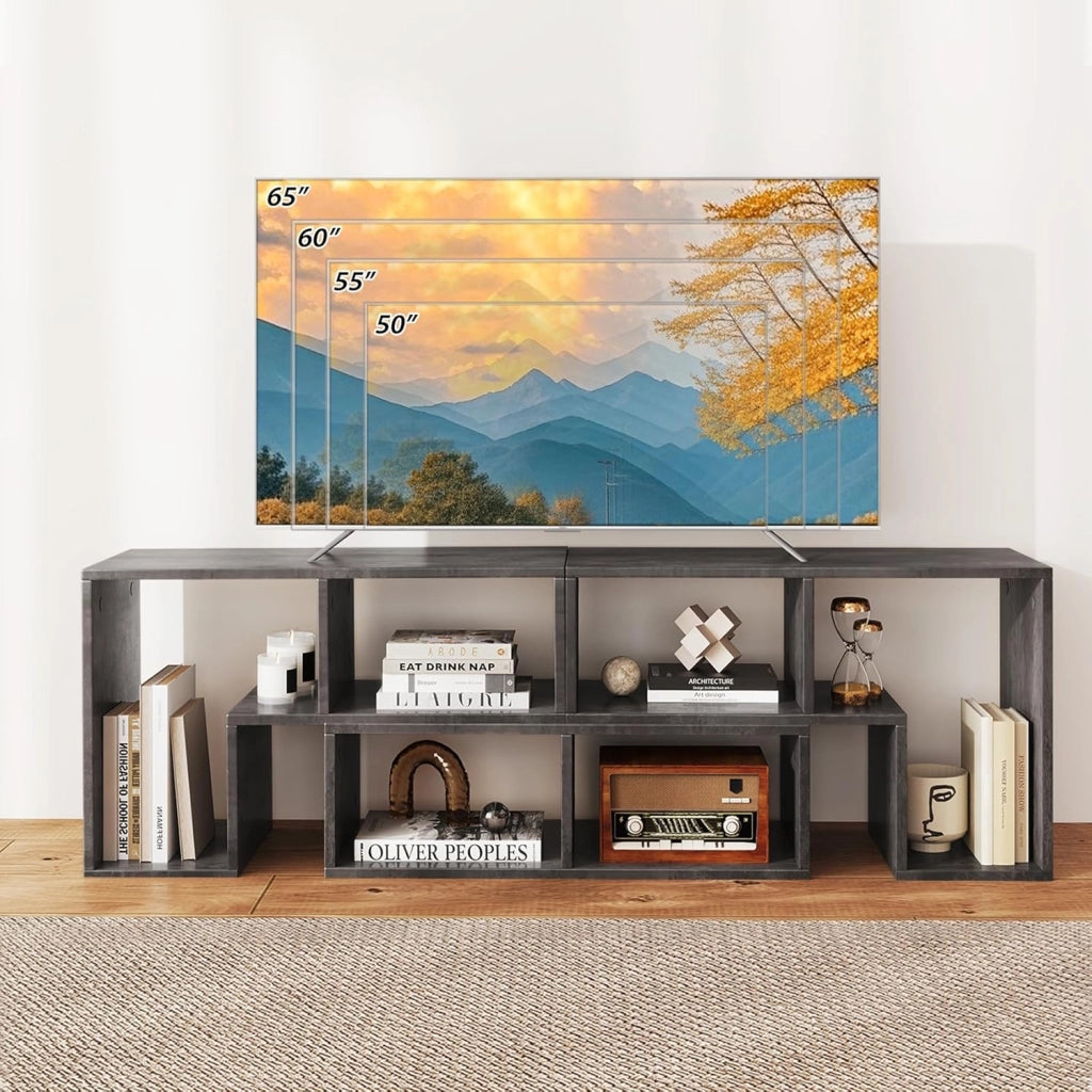Mobile TV Soggiorno in Legno, Mobile Porta TV Liberamente Combinabile, per TV fino a 65”, Mobiletto TV Multifunzione con 6 Vani Aperti, 134 x 30 x 43 cm (Grigio)