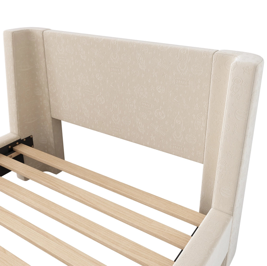 Letto singolo a slitta 90x200 cm in velluto beige con motivo spaziale per ?????ini