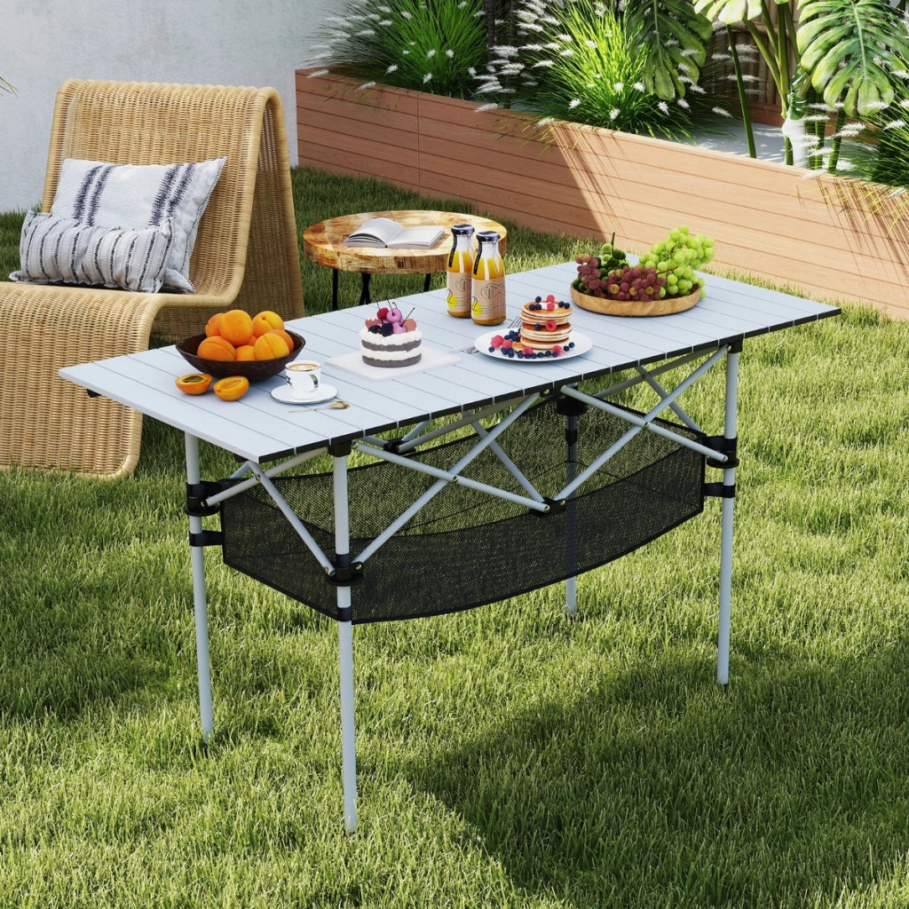 Tavolo da picnic portatile con piano in alluminio arrotolabile cestello in rete, Tavolo da campeggio pieghevole da esterno Argento