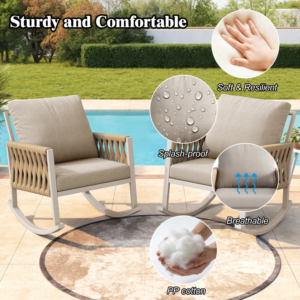 Sedia a dondolo da esterno in ferro beige con braccioli in corda e cuscini resistenti agli schizzi 65 × 79 × 78 cm