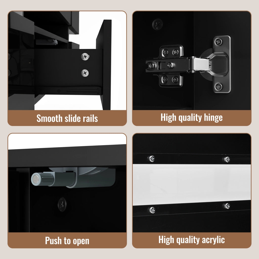 Mobile porta TV con LED, 2 ante, 1 cassetto e vano aperto, per soggiorno, in truciolato nero 160 × 39 × 45 cm