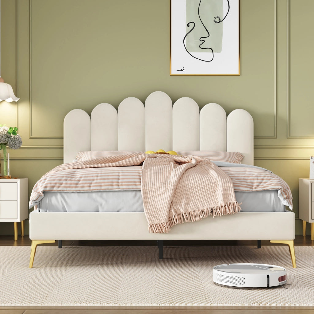 Letto matrimoniale imbottito 140 x 200 cm in velluto beige con testiera regolabile