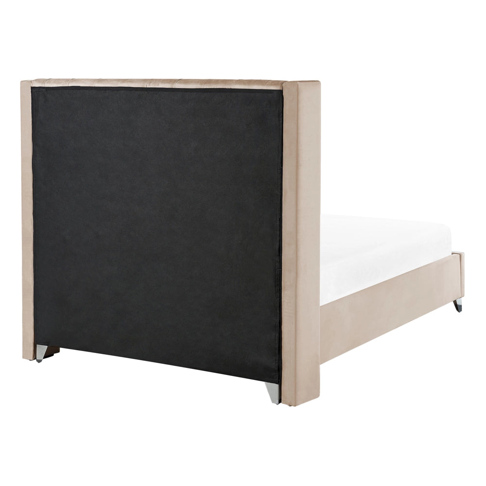 Letto matrimoniale a doghe velluto beige imbottito trapuntato poggiatesta 140 x 200 cm stile glamour elegante