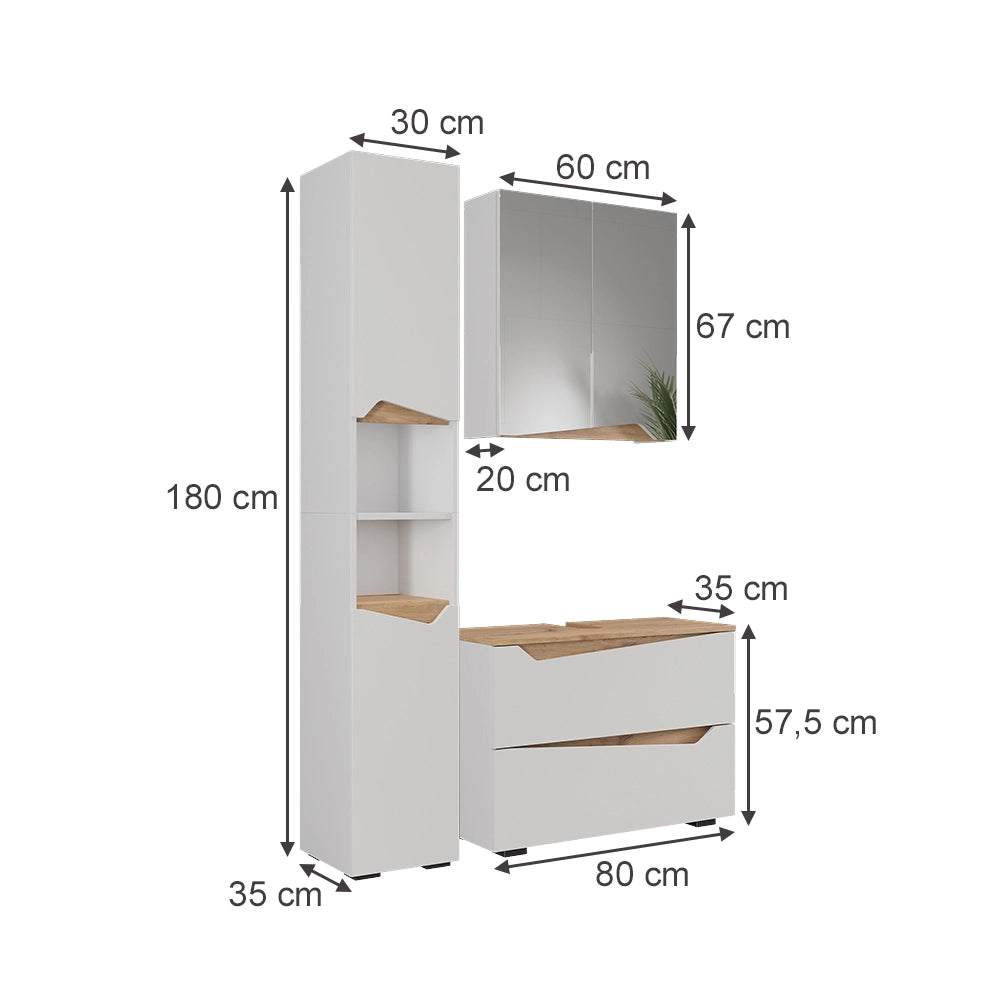 Vicco Set di mobili da bagno Bianco/Artisan 3 parti con mobile alto