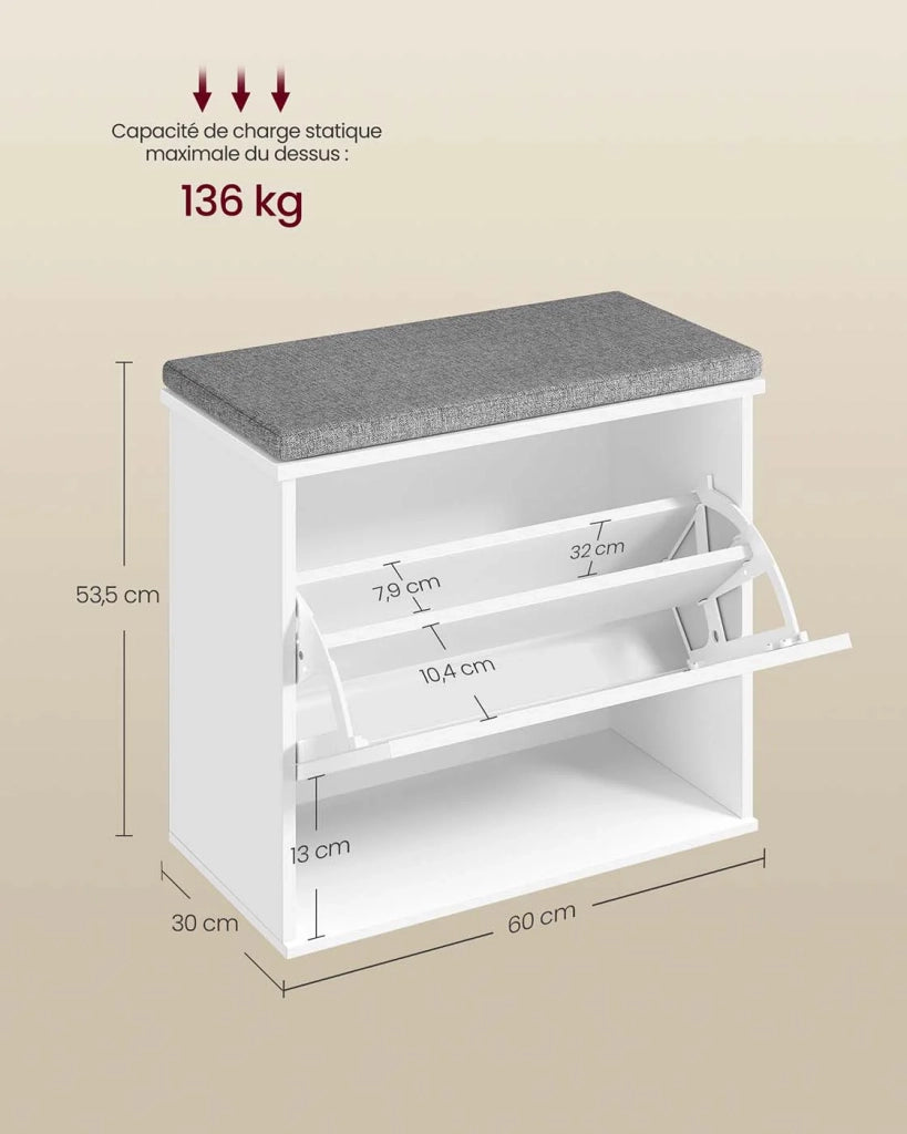 Panca portascarpe imbottita mobile da ingresso a 3 ripiani per 6 paia di scarpe cassetto a ribalta 30 x 60 x 53,5 cm per ingresso o camera da letto bianco 12_0008037