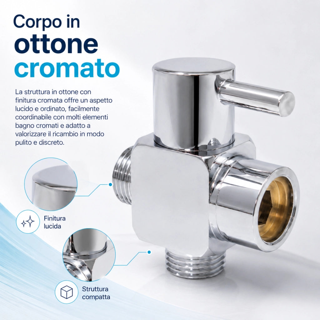 Valvola Deviatrice 3 Vie Doccia Ottone Cromato 1/2" 3/4" 79353