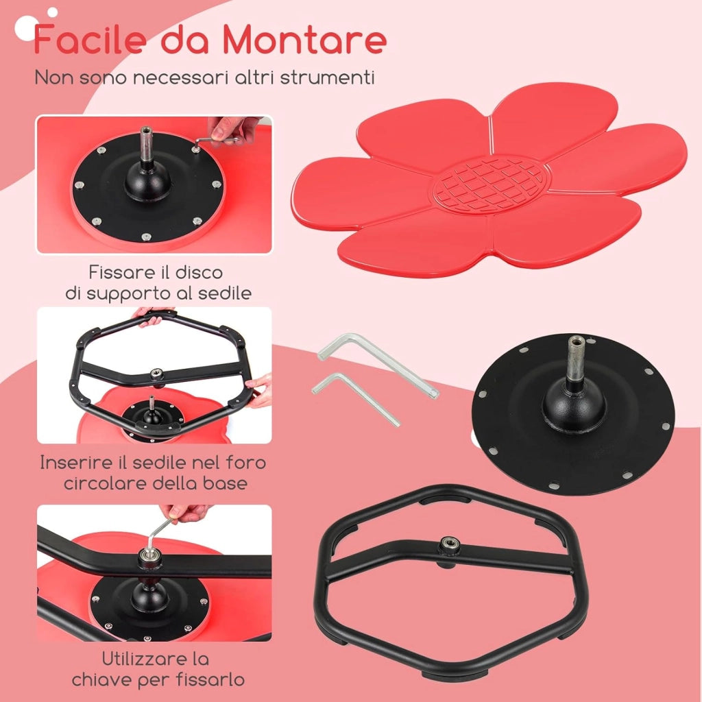 Sedia Girevole a 360° per Bambini, Sedia Sensoriale con Base in Metallo Antiscivolo per Allenare la Coordinazione Fisica e l'Equilibrio, Giocattolo per Cameretta (Rosso,Fiore)