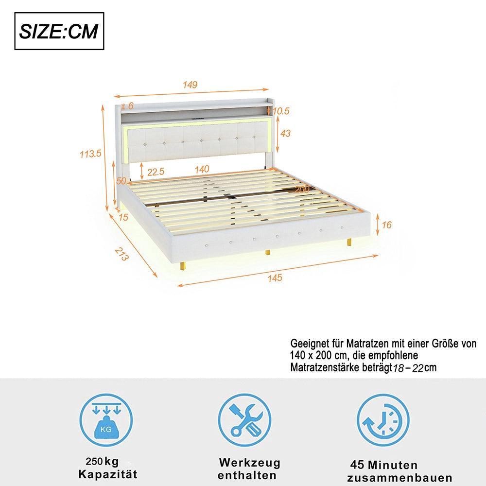 Letto imbottito per adulti - Xylo - 140x200 - Beige - Presa USB e luce LED incorporata