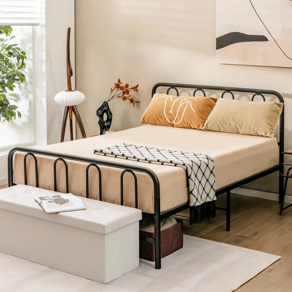 Struttura letto in metallo con testiera e pediera-Giroletto supporto per materasso con doghe in acciaio 209x144x101cm Nero