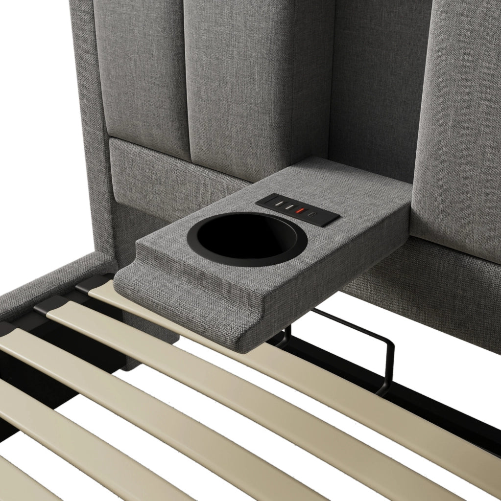 Letto singolo imbottito 90x200 cm con contenitore; portabicchiere e stazione di ricarica; grigio