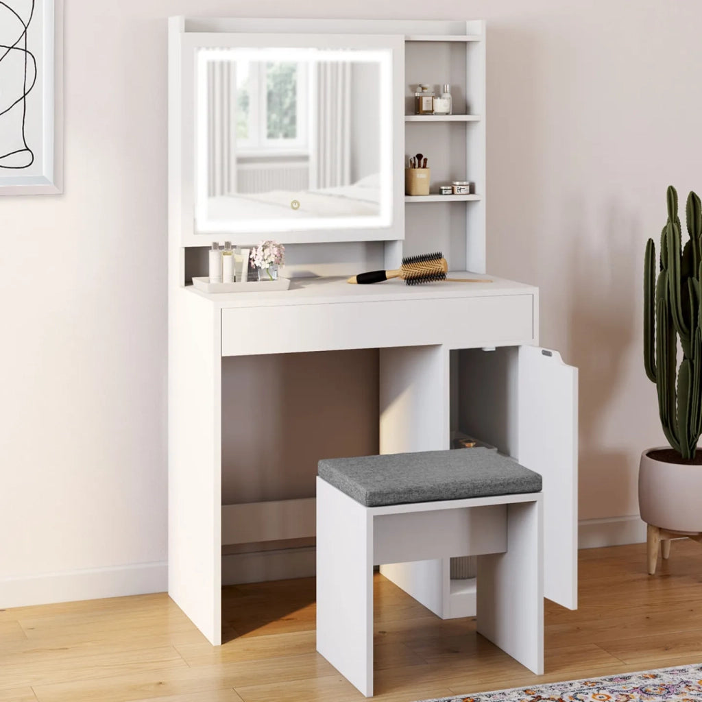 IDMarket - ZELIA tocador blanco con espejo LED, almacenamiento, 1 cajón, 1 unidad de almacenamiento y taburete tapizado
