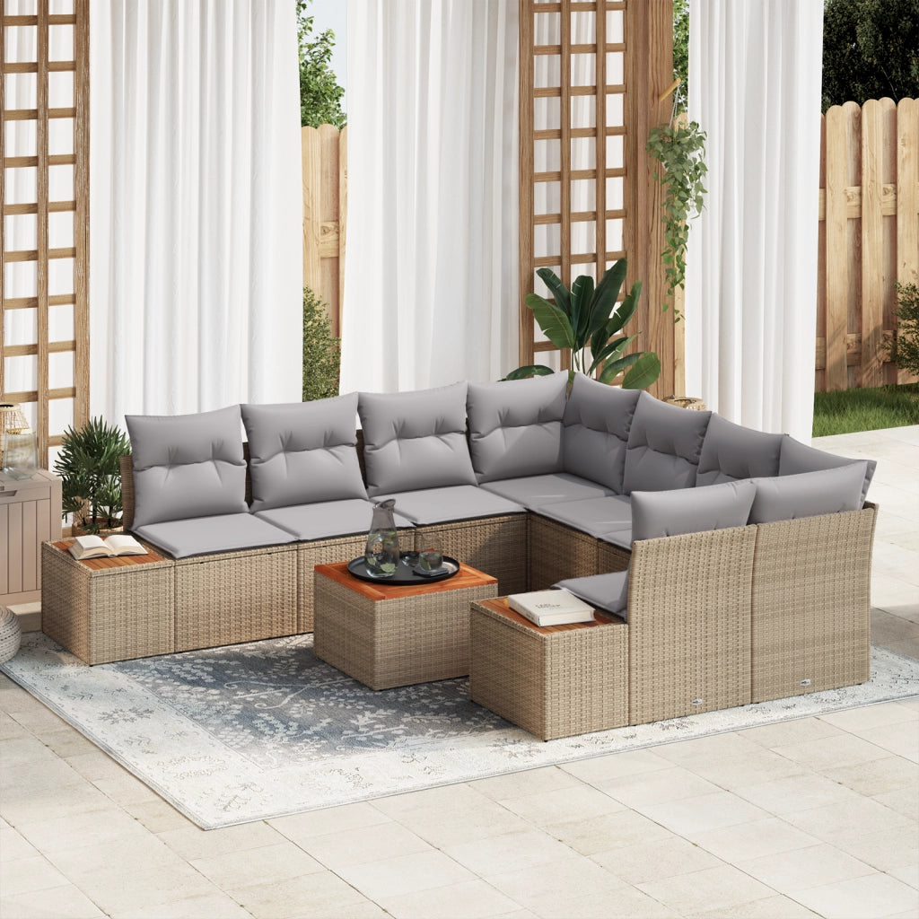 Set Divano da Giardino 9 Pezzi con Cuscini Beige Polyrattan Teak