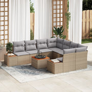 Set Divano da Giardino 9 Pezzi con Cuscini Beige Polyrattan Teak
