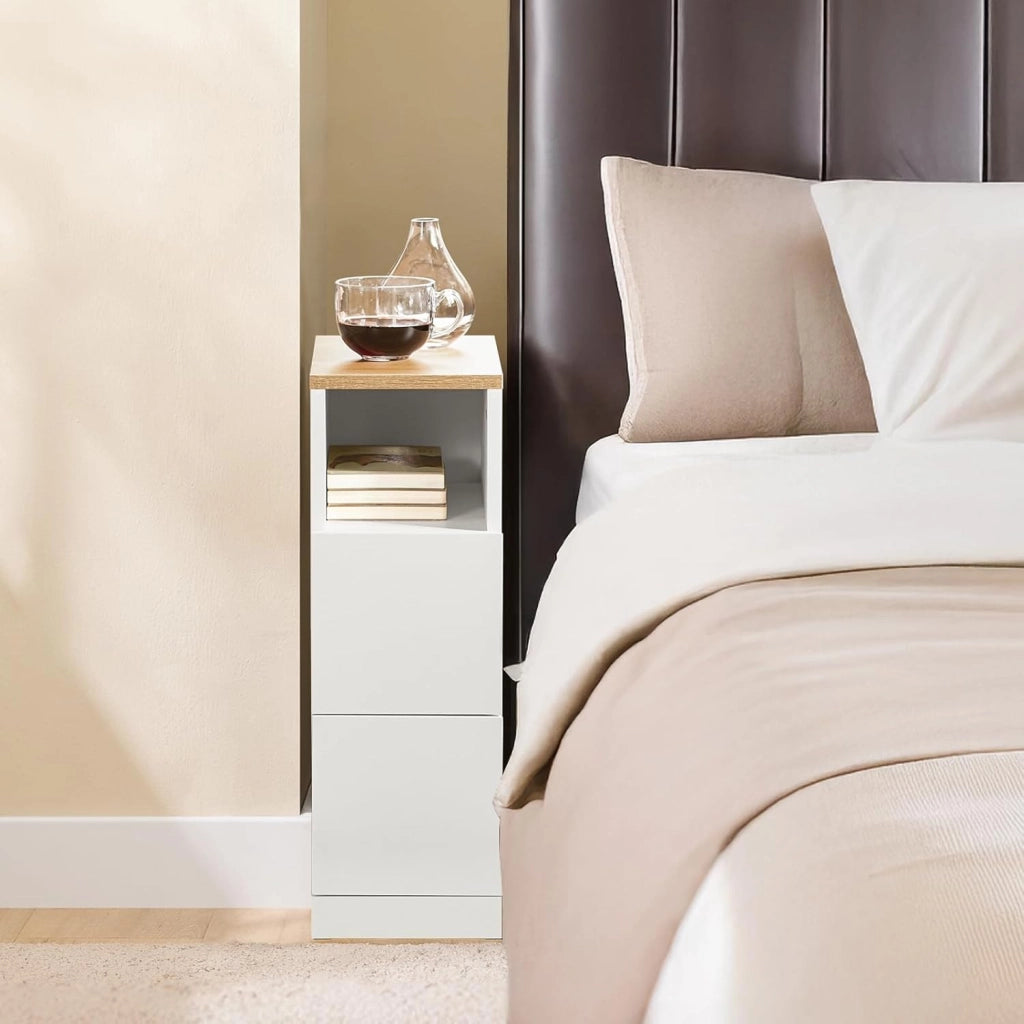 comodino camera da letto stretto 20 cm, tavolino da letto & tavolino salotto con 2 cassetti, mobile salvaspazio per camera e nicchie, ideale per inquilini e letto a molle, bianco, 20x35x60 cm