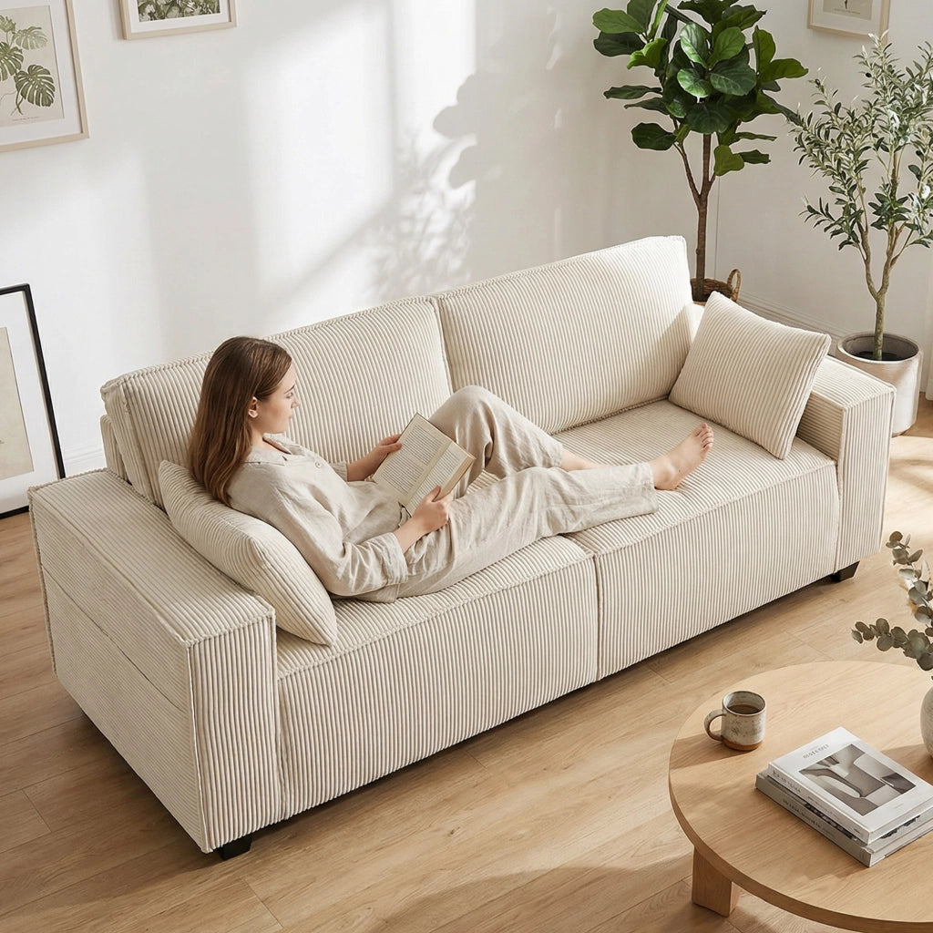 Divano 3 Posti in Velluto ¨C Zephmum ¨C 218x98x90 cm, Beige, Cuscini a Molle