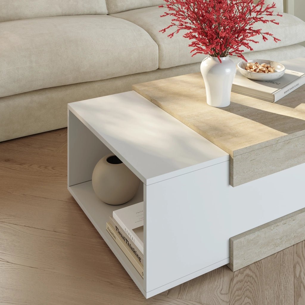 Tavolino da Salotto Eljak con Scomparti Laterali 110x57x31 cm Bianco / Avorio Travertin [en.casa]