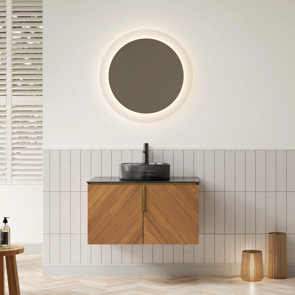 Mobile sottolavabo da bagno con 2 ante, lavabo tondo in vetro nero, piano in pietra sinterizzata, in compensato, nero marrone, 76 × 50 × 52,6 cm