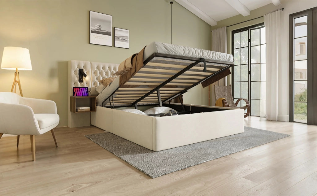 Letto contenitore matrimoniale 160 × 200 cm con 2 comodini, lampade da lettura, USB e Tipo-C, con materasso, beige