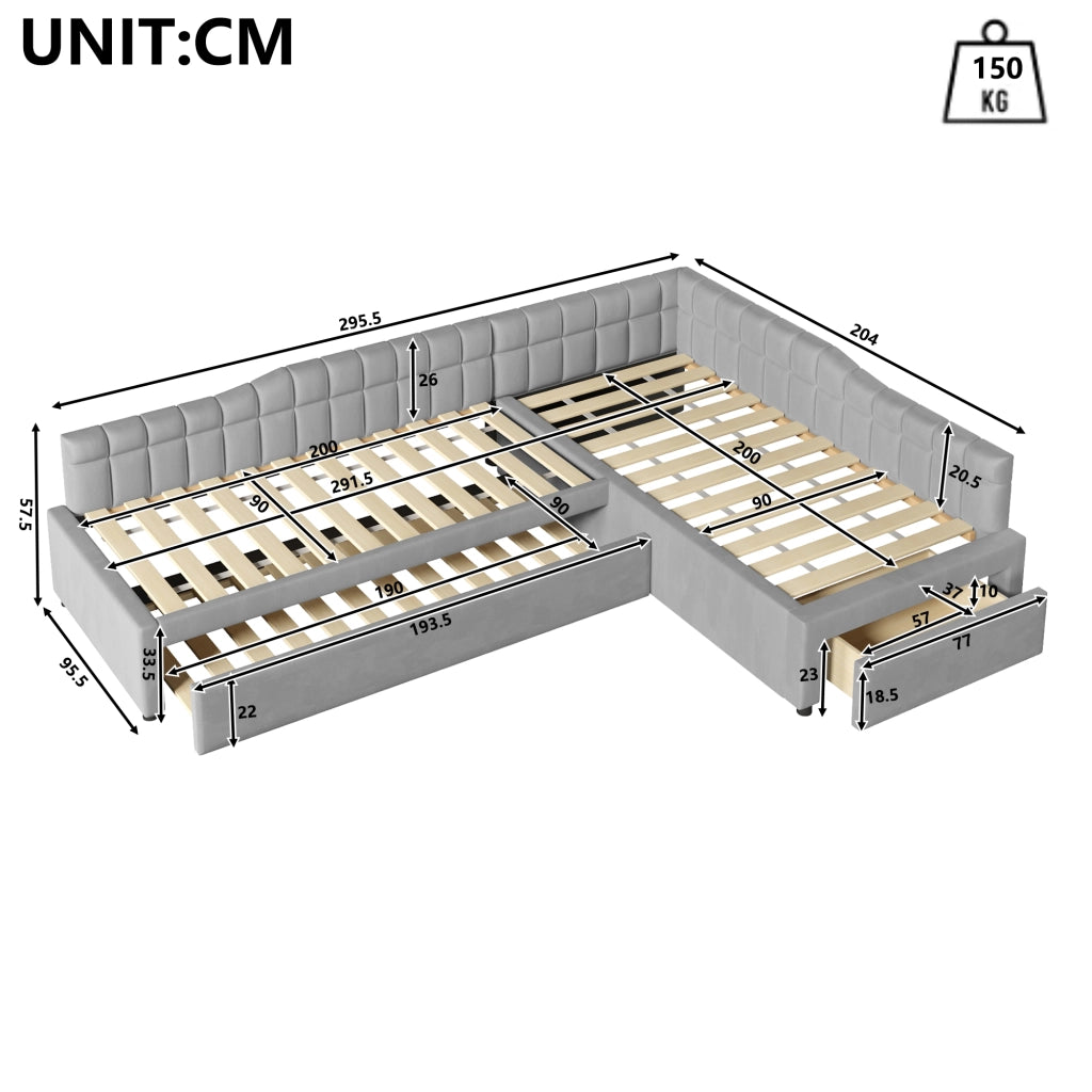 Letto combinato a L 90 × 200 cm con letto estraibile, 2 cassetti, senza materasso, in flanella grigio