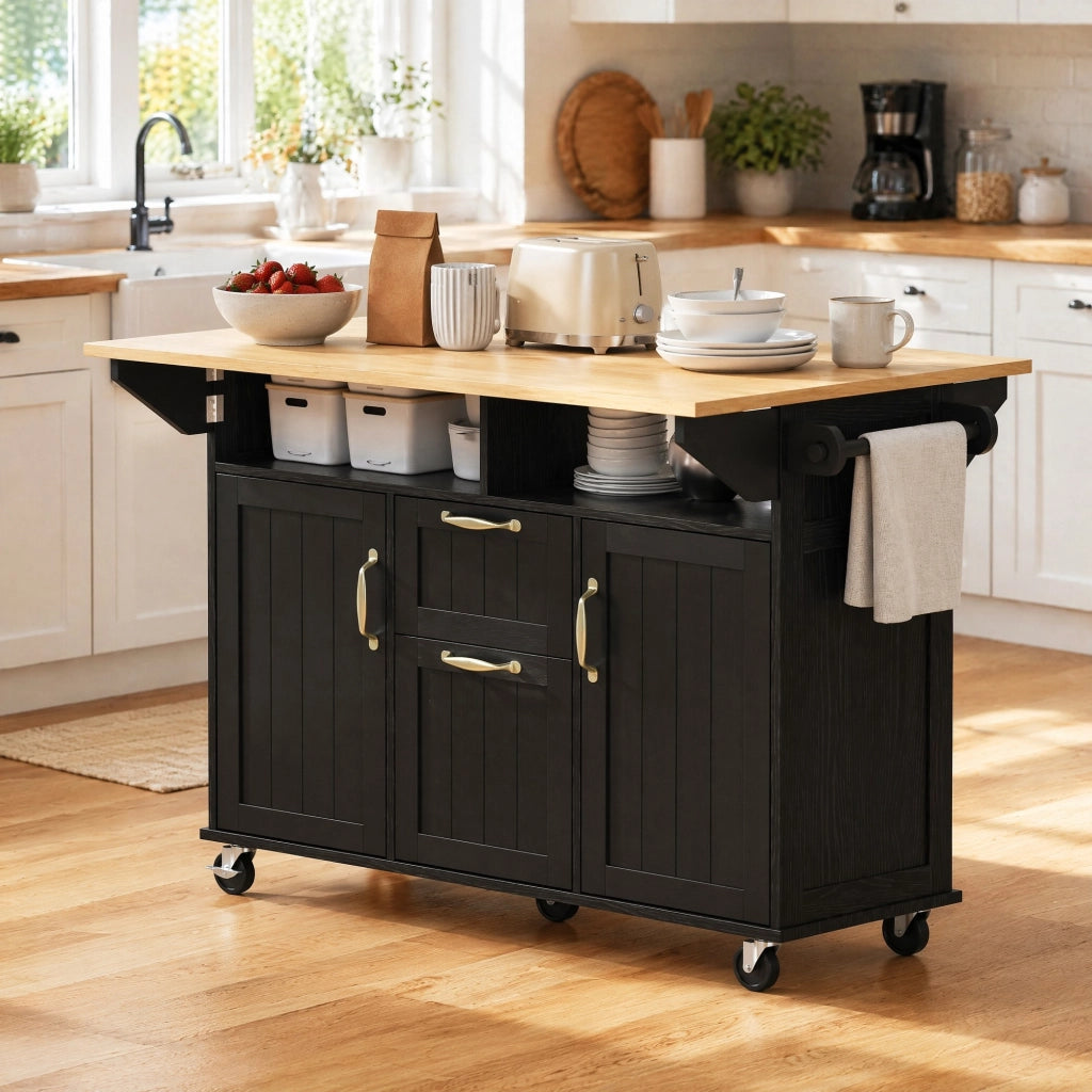 Isola da cucina mobile con piano pieghevole; prese AC USB e USB-C; MDF nero e naturale