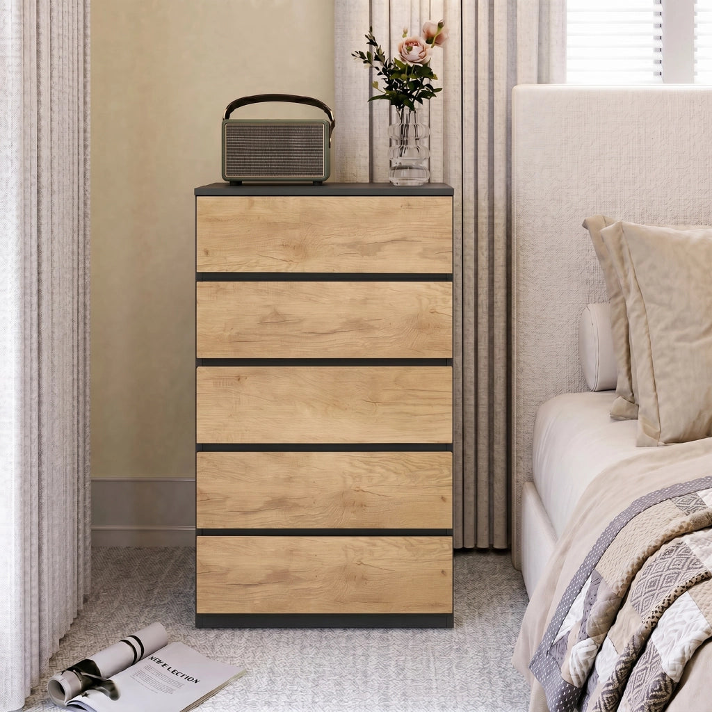 Cassettiera 5 Cassetti 60x39x100 cm con Guide in Metallo e Maniglie Scanalate in Legno Nero e Rovere