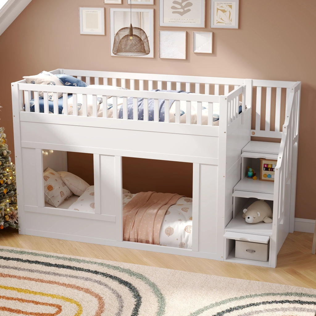 Letto a castello per bambini con scala armadio e area gioco, 90x200 cm, bianco