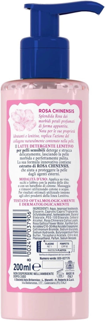 ACQUA ALLE ROSE LATTE DETERGENTE LENITIVO CON ESTRATTO DI ROSA CHINENSIS, IDEALE PER LE PELLI SECCHE O SENSIBILI 200 ML