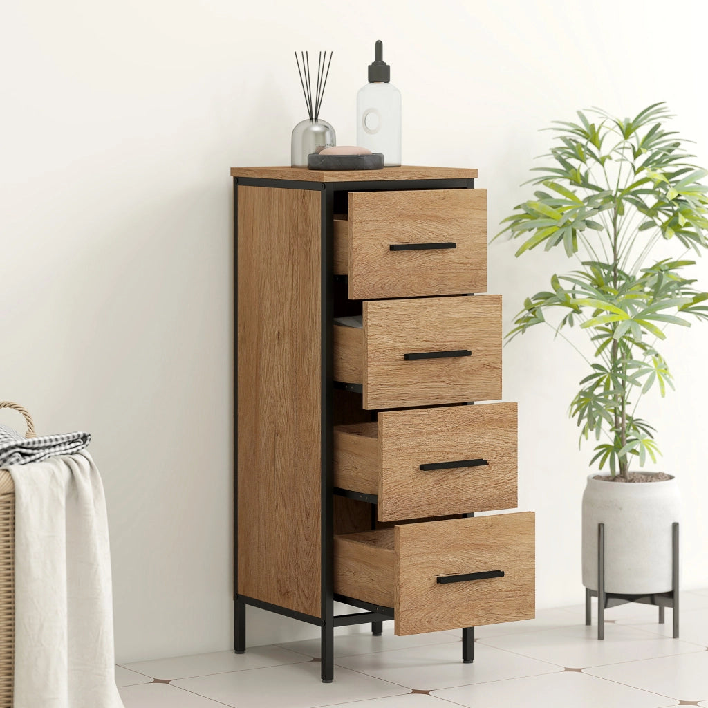 Mobiletto Bagno Stretto con 4 Cassetti in Acciaio ¨C Zephmum ¨C Rovere 30x30x82