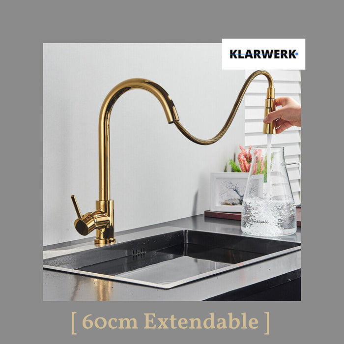 JANA | Rubinetto da cucina estraibile Premium in acciaio inox oro lucido miscelatore arco alto | gastro alta pressione ruotabile a 360° 2 attacchi