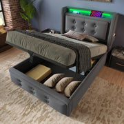 Letto imbottito 90x200 con testiera LED, prese e USB-C, contenitore con rete a doghe, senza materasso